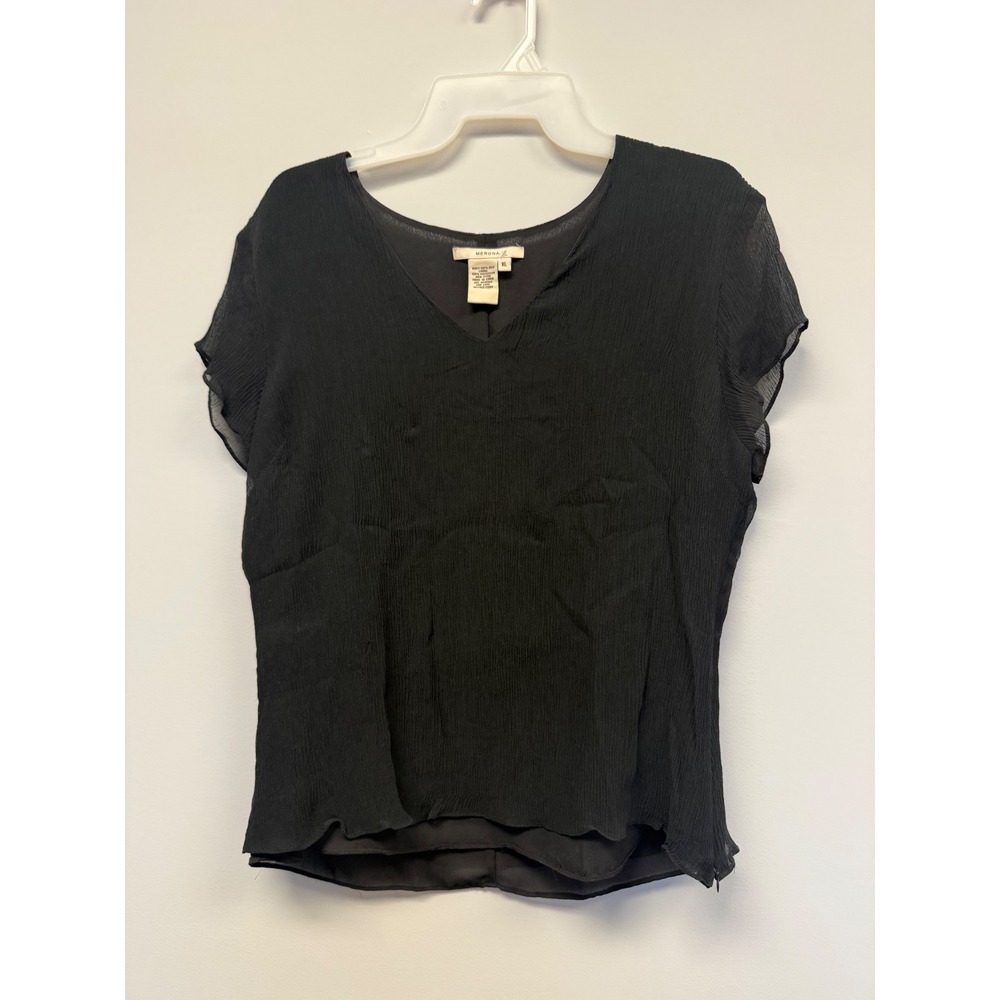 Merona Womens XL Black 100% Silk Crinkle V-Neck Flutter Sleeve Blouse Top Lined